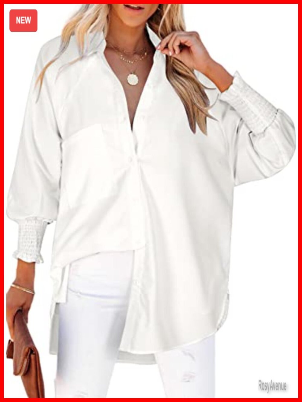 Womens Button Down Blouse Striped Smocked Cuffed Boyfriend Shirt